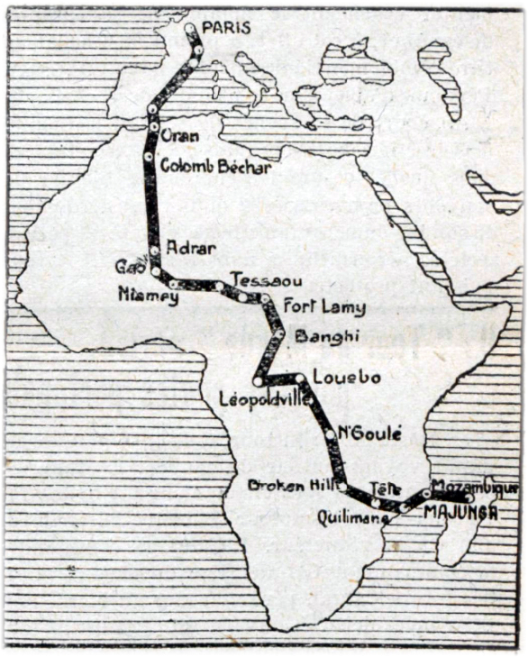 L&rsquo;itin&eacute;raire de la &laquo; travers&eacute;e africaine &raquo; de Dagnaux et Dufert.