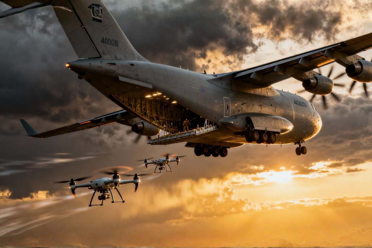 Des drones largu&eacute;s par un A400M Atlas, une avanc&eacute;e qui intrigue la D&eacute;fense fran&ccedil;aise